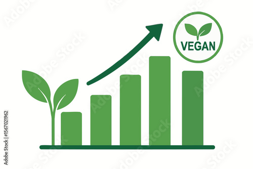Flat vector bar chart showing plant-based food growth and vegan symbols, food trend, isolated on white