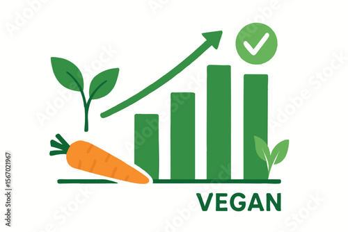 Flat vector bar chart showing plant-based food growth and vegan symbols, food trend, isolated on white
