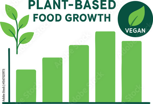 Flat vector bar chart showing plant-based food growth and vegan symbols, food trend, isolated on white