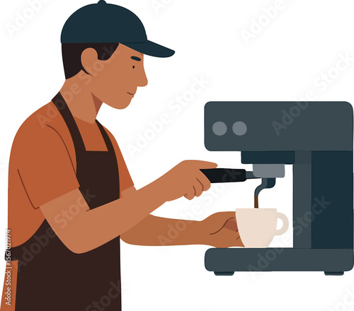 Flat vector barista preparing coffee at espresso machine, apron and cap, isolated on white