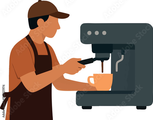 Flat vector barista preparing coffee at espresso machine, apron and cap, isolated on white