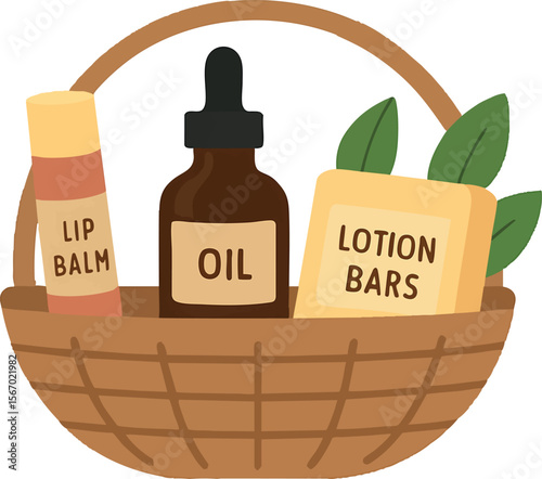 Flat vector basket of handmade natural cosmetics: lip balm, oil, lotion bars, isolated on white