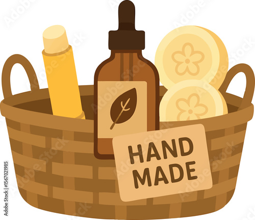 Flat vector basket of handmade natural cosmetics: lip balm, oil, lotion bars, isolated on white