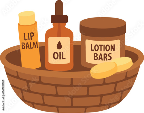 Flat vector basket of handmade natural cosmetics: lip balm, oil, lotion bars, isolated on white