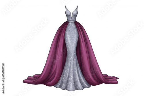 Elegant evening gown graphic with flowing burgundy cape design, ideal for fashion projects or apparel presentations.