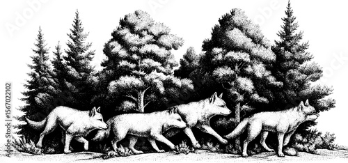 Wolf pack journey in conifer woods at twilight - vintage hand-drawn engraving for nature art