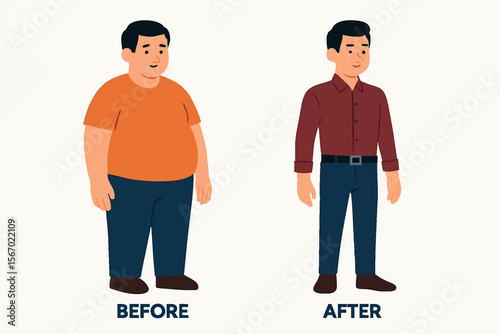 Flat vector before and after transformation of man with slimmer figure and new outfit, flat contrast, isolated on white