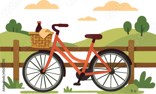 Flat vector bicycle with picnic basket leaning on fence in countryside, rural getaway, isolated on white