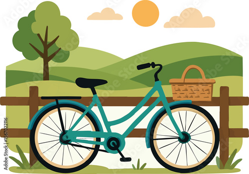 Flat vector bicycle with picnic basket leaning on fence in countryside, rural getaway, isolated on white