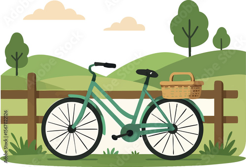 Flat vector bicycle with picnic basket leaning on fence in countryside, rural getaway, isolated on white