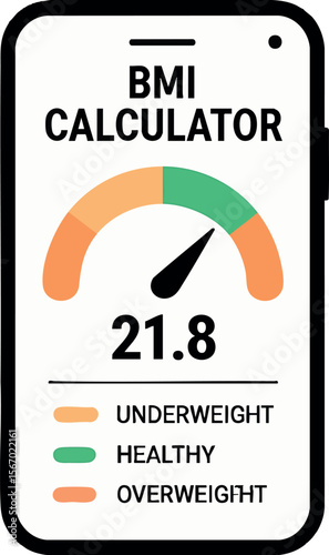 Flat vector BMI calculator on phone screen with zones: underweight, healthy, overweight, isolated on white