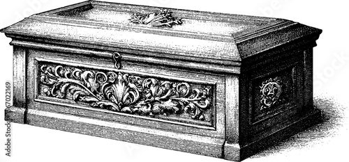 Vintage wooden chest with ornate brass details - hand-drawn engraving for antique design