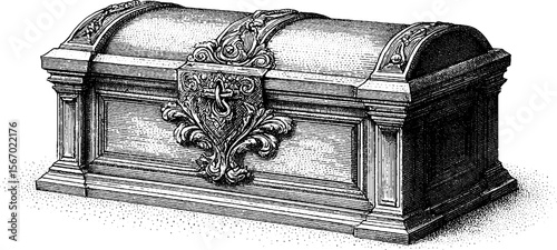 Vintage wooden chest with ornate brass details in sunlit scene - hand drawn silhouette for design