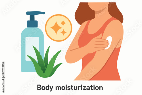 Flat vector body moisturization routine with lotion bottle, aloe plant and smooth skin glow icon, isolated on white