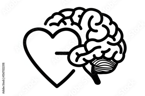Representing emotional intelligence with a heart and brain design, conveying balance, thinking, and feeling in a simple outline.