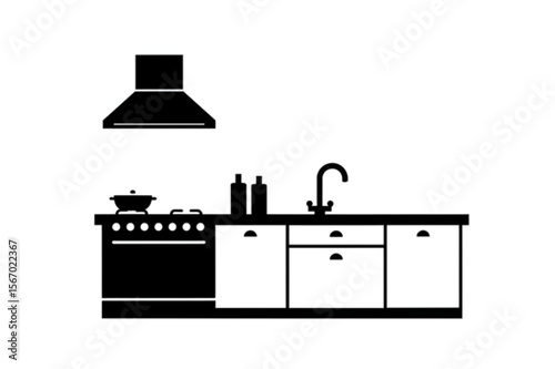 Clean kitchen setup featuring a stove, sink, cabinets, and range hood, designed for use in kitchen layouts or interior design projects.