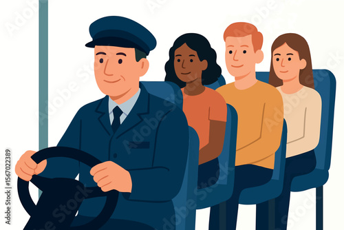 Flat vector bus driver sitting at wheel with passengers behind, transportation worker, isolated on white