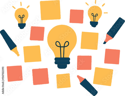 Flat vector brainstorming scene with sticky notes, lightbulbs and highlighters, idea management, isolated on white