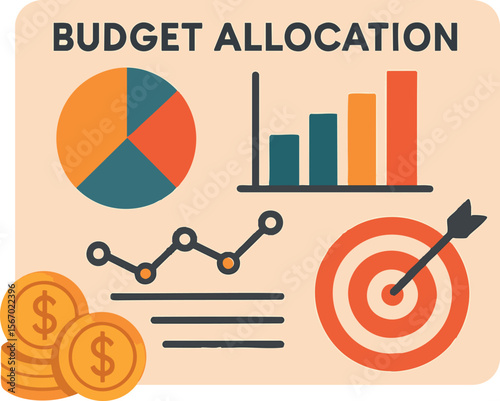 Flat vector budget allocation board with charts, coins and target lines, financial management, isolated on white