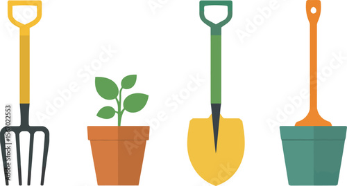 Gardening tools flowers plant pot shovel pitchfork