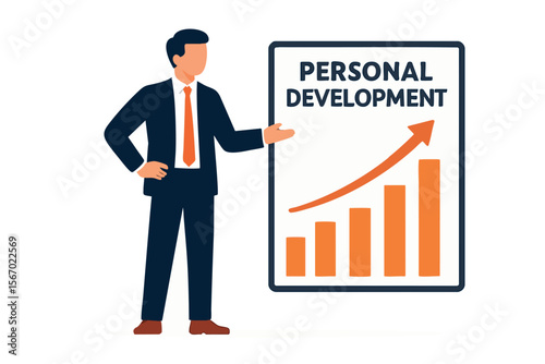 Flat vector candidate standing beside personal development chart with upward arrow, isolated on white