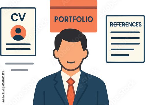 Flat vector candidate surrounded by job search tools: CV, portfolio, references, LinkedIn icon, isolated on white
