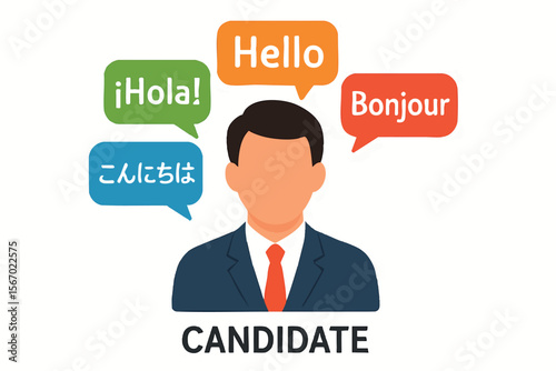 Flat vector candidate with multilingual speech bubbles above head, language proficiency, isolated on white