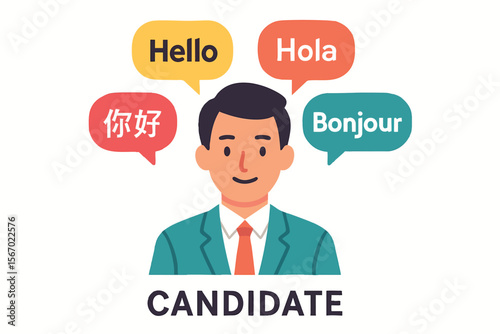 Flat vector candidate with multilingual speech bubbles above head, language proficiency, isolated on white