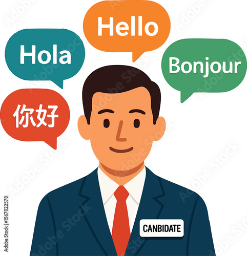 Flat vector candidate with multilingual speech bubbles above head, language proficiency, isolated on white