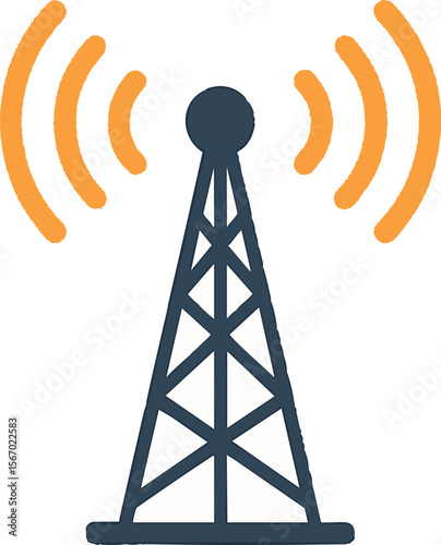 Flat vector cell tower with signal waves radiating, telecommunication infrastructure, isolated on white