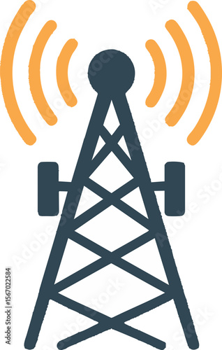 Flat vector cell tower with signal waves radiating, telecommunication infrastructure, isolated on white
