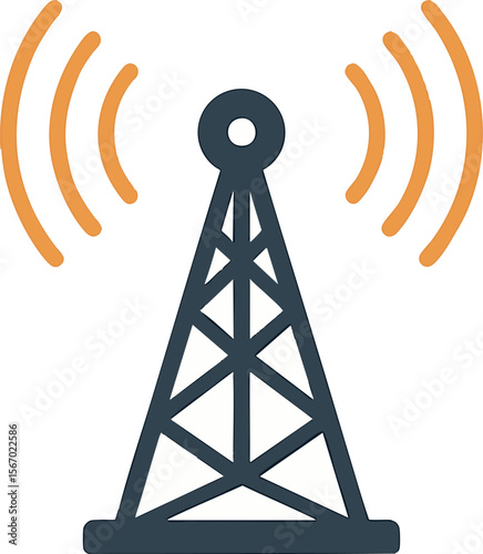 Flat vector cell tower with signal waves radiating, telecommunication infrastructure, isolated on white
