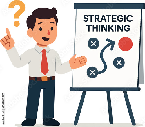 Flat vector character answering question with clear infographic on flip chart, strategic thinking, isolated on white