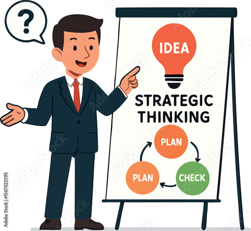 Flat vector character answering question with clear infographic on flip chart, strategic thinking, isolated on white
