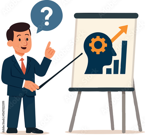 Flat vector character answering question with clear infographic on flip chart, strategic thinking, isolated on white