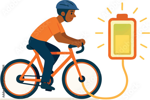 Flat vector character biking and generating energy into glowing battery, kinetic energy, isolated on white