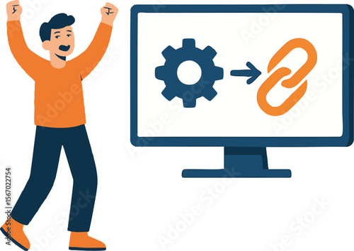 Flat vector character celebrating two merged icons on big screen, successful integration, isolated on white