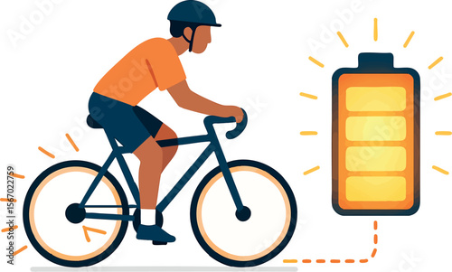 Flat vector character biking and generating energy into glowing battery, kinetic energy, isolated on white