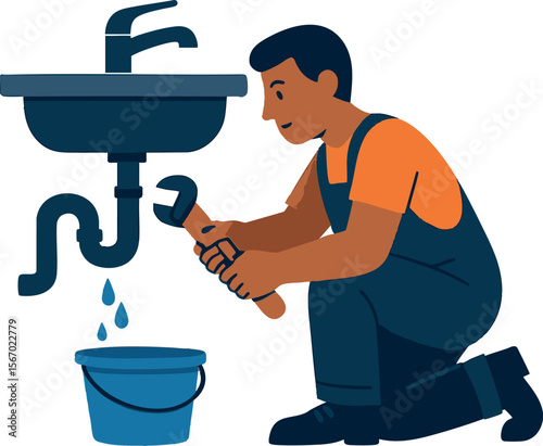 Flat vector character fixing leaking pipe under sink, responsible water use, isolated on white