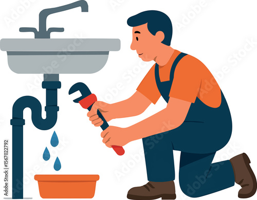 Flat vector character fixing leaking pipe under sink, responsible water use, isolated on white