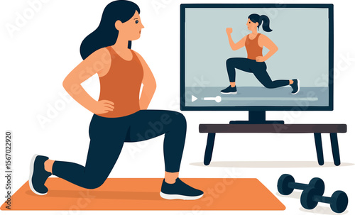 Flat vector character following online fitness video on screen, home exercise trend, isolated on white