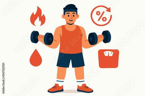 Flat vector character in gym lifting dumbbells with fat-burning icons around, isolated on white
