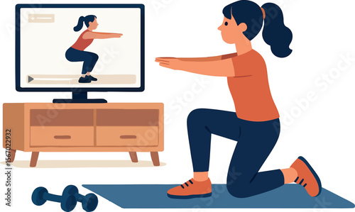 Flat vector character following online fitness video on screen, home exercise trend, isolated on white