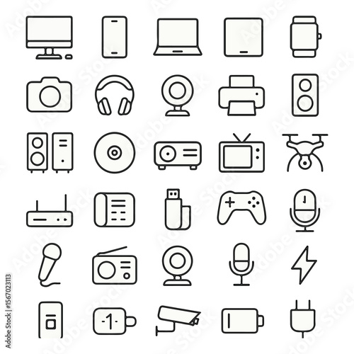 Electronic Devices Line Icons Set – Gadgets, Media, Tech Symbols Collection

