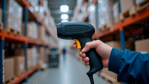 A person holding a barcode scanner in a warehouse.
barcode scanner in the hand of a worker in a warehouse
