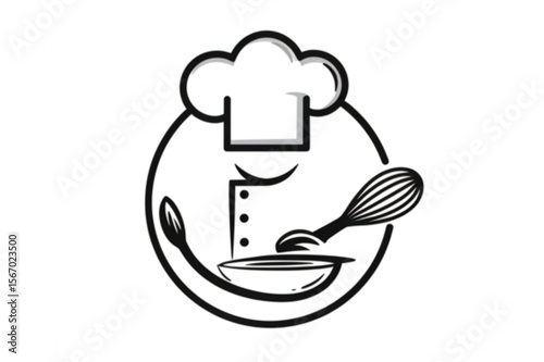 Culinary icon design showcasing a chef's hat, spoon, whisk, and bowl in a circular composition suitable for a restaurant logo.