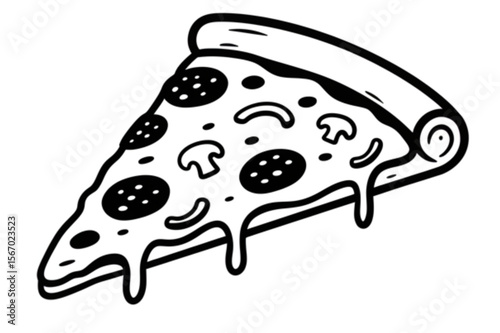 Depicting a delicious pizza slice, brimming with pepperoni and mushrooms, perfect for culinary designs or quick food icons.