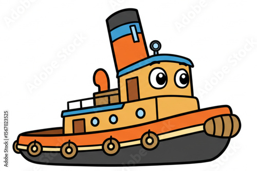 Cute cartoon tugboat with cheerful expression, a fun nautical design perfect for children's books or playful maritime-themed graphics.