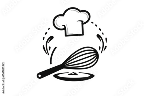 Charming food preparation graphic showcasing a chef's hat, whisk, and splash elements, ideal for culinary blogs and baking-related brands.