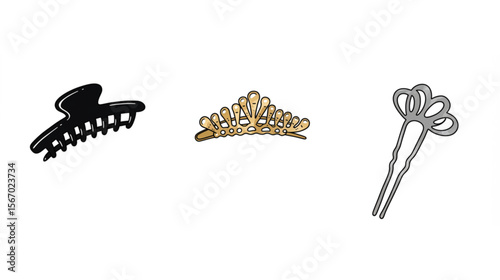 Charming assortment of hair accessories, featuring a claw clip, tiara, and hair pin, perfect for stylists and fashion enthusiasts.